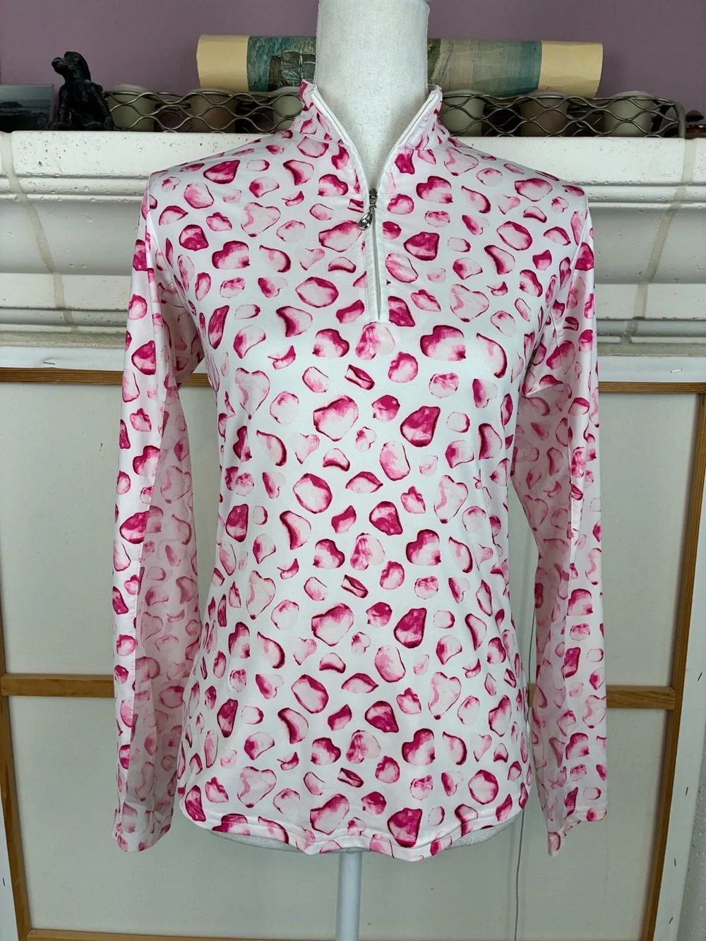 San Soleil SPF 50 Pink Petal Print Long-Sleeve 1/4 Zip Neck Top
